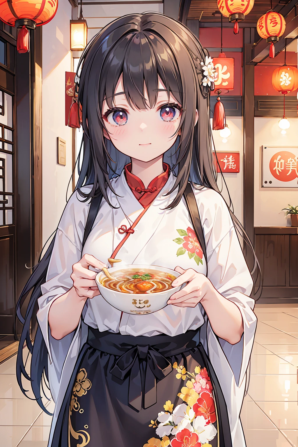 Photorealistic、Highest quality、Highest Resolution、Highest quality、8K、1人のBeautiful woman、Beautiful woman、Beautiful Woman、Cute girl、Chinese restaurant、ramen、ramenを食べる、