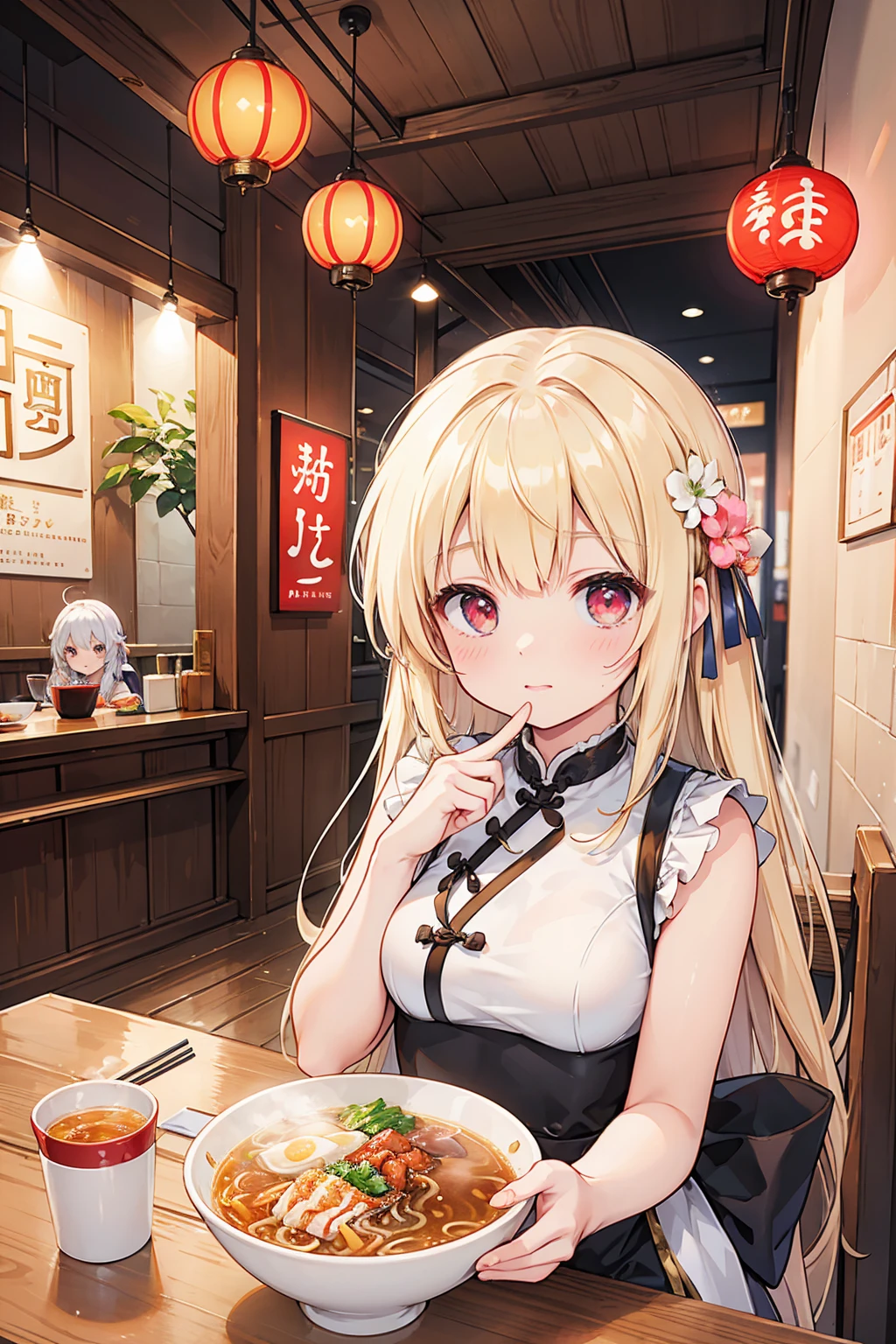 Photorealistic、Highest quality、Highest Resolution、Highest quality、８Ｋ、1人のBeautiful woman、Beautiful woman、Beautiful Woman、Cute girl、Chinese restaurant、ramen、ramenを食べる、