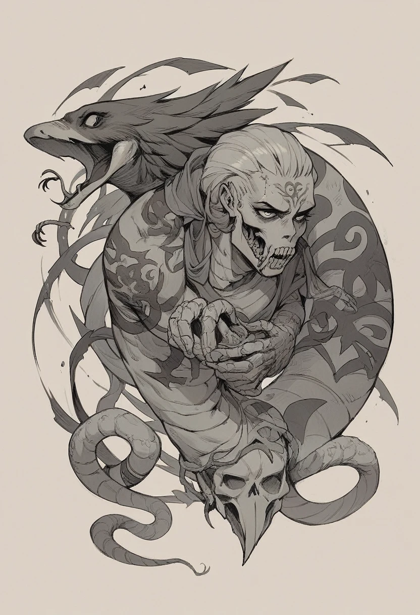 A tattoo of a crow skeleton with a snake 