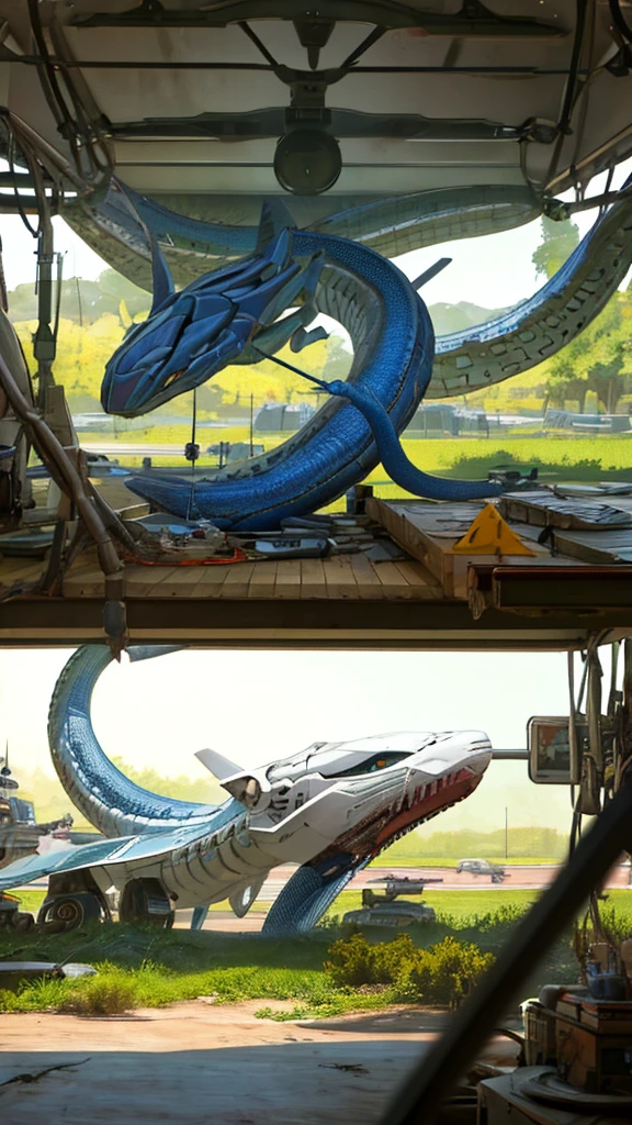 2 snakes fighting, machines attacking other machines, many aircraft