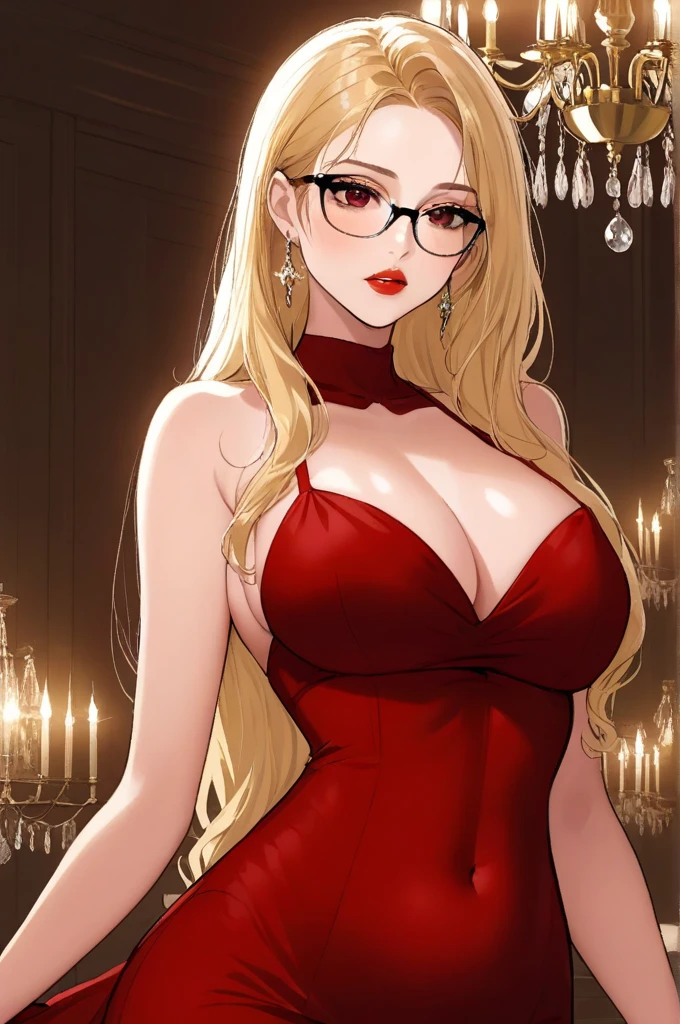 One woman  ,red lipstick,black glasses,sharp jawline,face makeup,mole under right eye, chandelier earrings ,dark red eyes,red dress ,g cup breasts size ,navel,blonde hair,tall women,long wavy hair