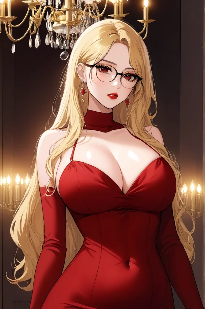 One woman  ,red lipstick,black glasses,sharp jawline,face makeup,mole under right eye, chandelier earrings ,dark red eyes,red dress ,g cup breasts size ,navel,blonde hair,tall women,long wavy hair