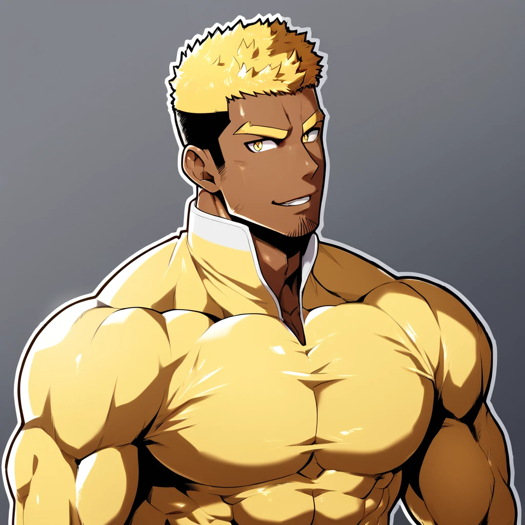 anime characters:Gyee, Muscle Sports Student, negro black skin, 1 dark skin muscular tough guy, Manliness, male focus, Light yellow high collar long sleeve tight T-shirt, Slightly transparent material, Very tight, Round, full and perky chest muscles, Slightly transparent, muscular male, muscular, only, Upper body, alone, Black short hair, Thick eyebrows, stubble, Yellow eyes, Grey background, simple background, amazing quality, best aesthetics, Ridiculous, bright pupils, crew cut, parted lips, seductive smile, torogao, naughty face, drop shadow, best quality