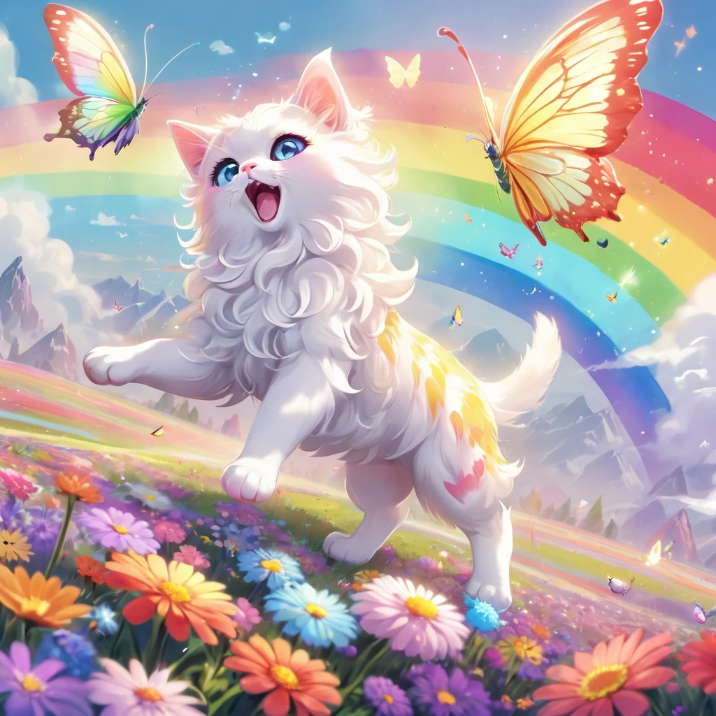 Butterfly and cat fusion。Fluffy fur cat。Jump。Flying in the sky。Rainbow colors。bright。fun。Fairy。Flower field and crystal。mineral。Quadrupedal。