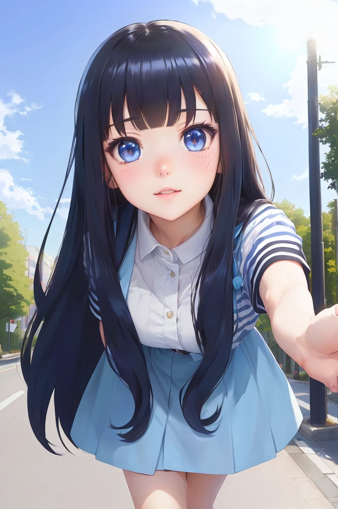 cute girl with long black hair and blue eyes walking down a street, beautiful moe artstyle, realistisvisual of a cute girl, nagatoro, hinata hyuga, smooth anime cg art, beautiful anime high school girl, marin kitagawa fanart, anime best girl, (anime girl), pretty anime girl, cute anime girl, realistic anime artstyle, young anime girl