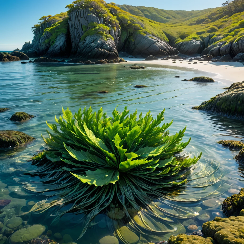 Create a close-up image of floating seaweed in the water along a rugged coastline. The scene should show the intricate details of the seaweed's long, green-brown fronds and its distinctive, bulbous air bladders. The water should be clear, allowing the textures and colors of the Bladder Wrack to be seen clearly. The fronds should be floating gracefully in the shallow, sunlit water, with the rocky shoreline visible in the background. Highlight the ethereal, almost otherworldly appearance of the seaweed as it glistens and sways gently in the current. The atmosphere should convey the serene and mystical beauty of the coastal environment, with the play of light and shadow on the water and the seaweed.