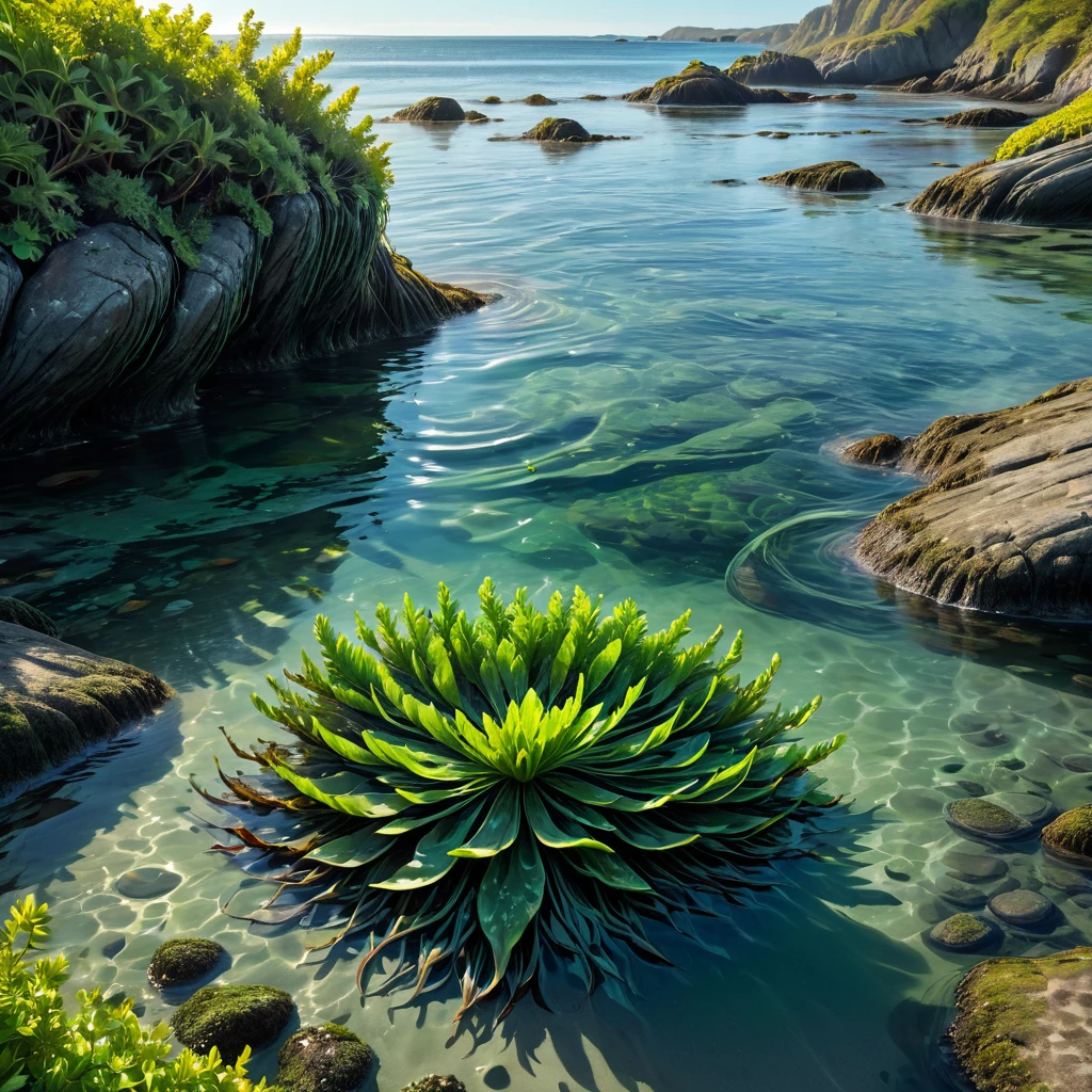 Create a close-up image of floating seaweed in the water along a rugged coastline. The scene should show the intricate details of the seaweed's long, green-brown fronds and its distinctive, bulbous air bladders. The water should be clear, allowing the textures and colors of the Bladder Wrack to be seen clearly. The fronds should be floating gracefully in the shallow, sunlit water, with the rocky shoreline visible in the background. Highlight the ethereal, almost otherworldly appearance of the seaweed as it glistens and sways gently in the current. The atmosphere should convey the serene and mystical beauty of the coastal environment, with the play of light and shadow on the water and the seaweed.