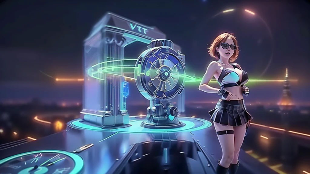 (aerial view). at night, futuristic sci-fi cyberpunk city, broad viaduct, skyscrapers at the end of the viaduct, the movie "13th Floor" style, (((((voltex-spirit-spreading giant clock tower as time machine))))), hq. Matrix style, at night, (1girl, solo), photo realistic, (large-breast:1.2 slim body, cleavage:1.3), (((tube top, extreamly short pleated (((miniskirt)))))), (((((matrix style black sunglasses))))), (((((aiming at camera with a (short:0.8 pistol)))))), (((half-body (thigh level) medium shot))), (cinematic lighting).