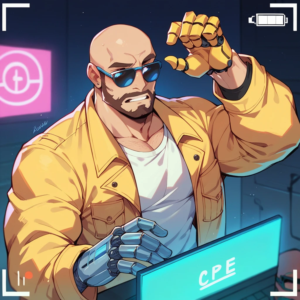 A bald guy with a short and stylish brown beard, athletic body, wearing yellow jacket with blue neon, sunglasses, robotic arm implants, connected ends, in his bedroom, using a computer to hack, sci fi environment, night-time, computer camera view
