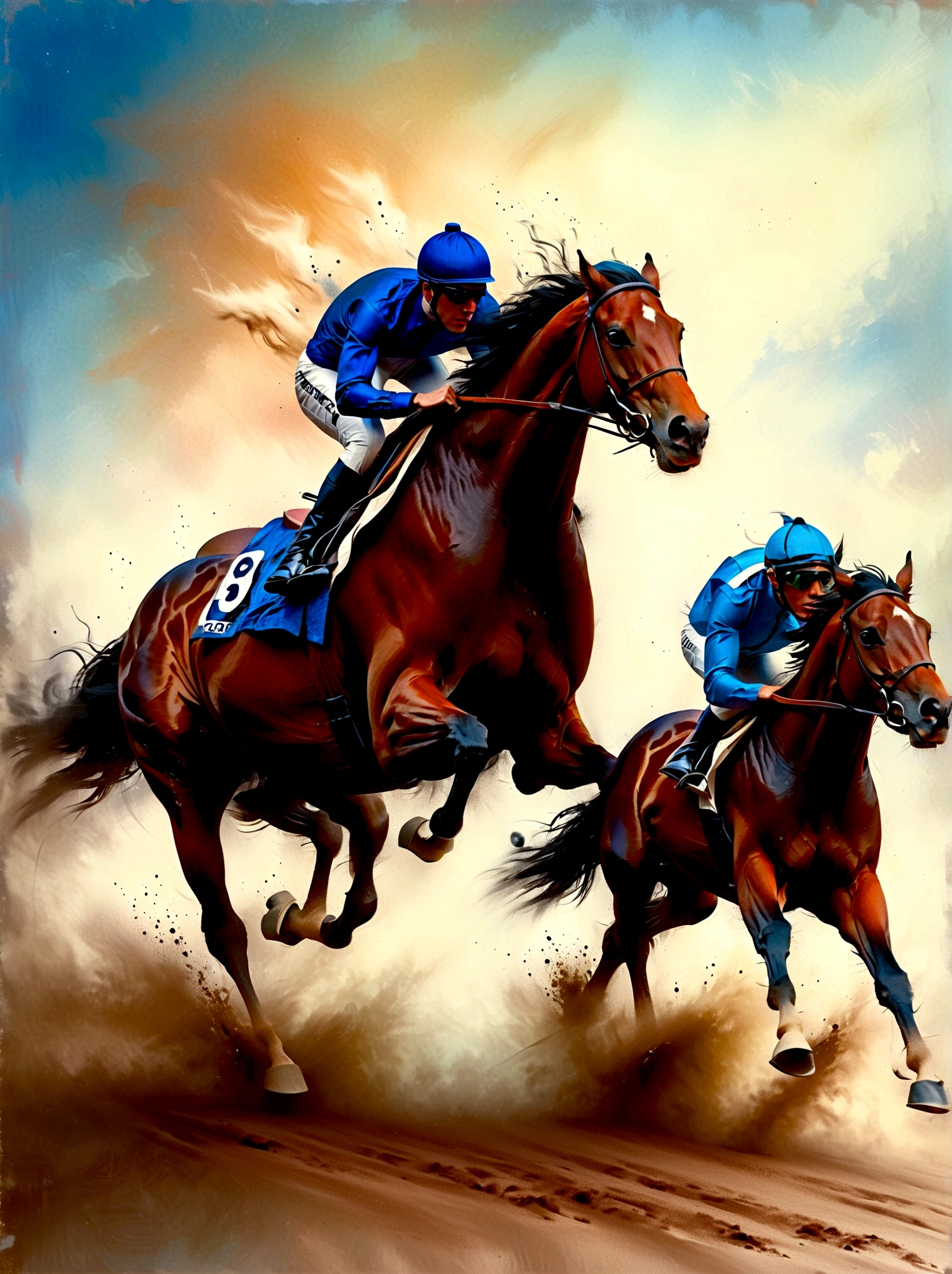 A vivid, dynamic scene of a powerful racehorse, with a sleek chestnut coat and long, flowing black mane, soaring towards the finish line at a realistic version of the Belmont Park racetrack, The crowd in the stands is a blur of color and motion, their cheers seemingly audible, The jockey, an athletic Asian woman dressed in vibrant blue and gold silks, leans forward, urging her magnificent steed on towards victory, Behind them, the other horses and jockeys try to catch up, dust rising from the thundering hooves hitting the track, The sky above is a radiant blue, dotted with fluffy white clouds