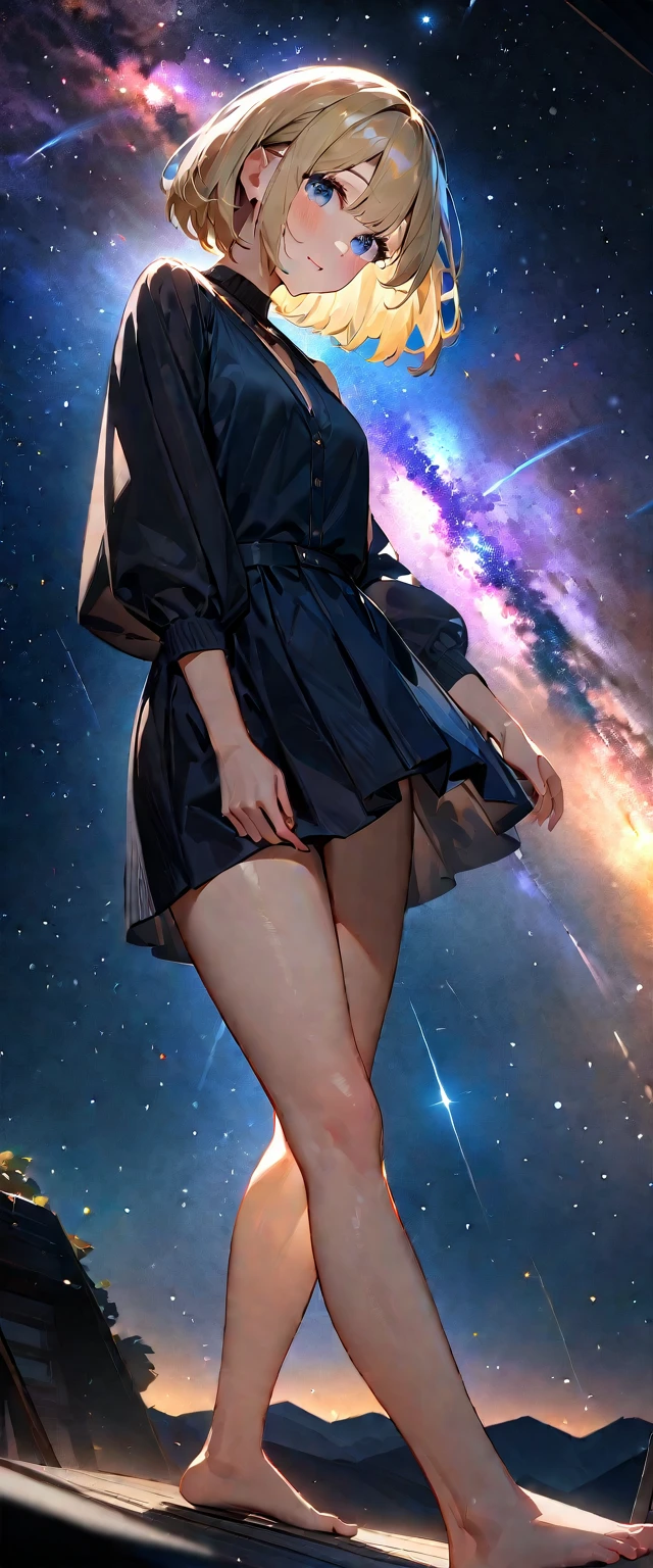 (((A meteor shower dancing in the night sky, countless stars twinkling in the clear air, a beautiful starry sky, the Milky Way shining beautifully in the night))), mountain, wide shot, a girl, bob cut, bare legs, bare foot, blond hair, (best quality, 4K, 8K, highres, masterpiece:1.2, ultra-detailed, HDR, uhd, studio lighting, ultra-fine painting, sharp focus, physically-based rendering, extreme detail description, professional, vivid colors, bokeh)
