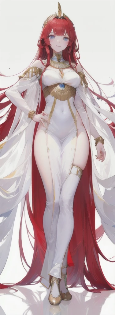 a beautiful long red-haired girl wearing an elaborate egyptian queen's costume, ((Long bangs eyes visible behind the bangs)) sexy white egyptian dress with colored striped fabric hem, beautiful slim thighs, full body view, LONG hair, blue eyes, in the style of an egyptian, white background, photorealistic, 8k, high quality, detailed, vivid colors, dramatic lighting, Wearing high gold shoes, cute face is obvious, (blank white background with no other objects) Slim body, Standing straight pose, both free hand poses (smile) The Egyptian queen's dress is perfect (a perfect long soft white shawl) with gold bracelets, (long red hair perfectly straight)