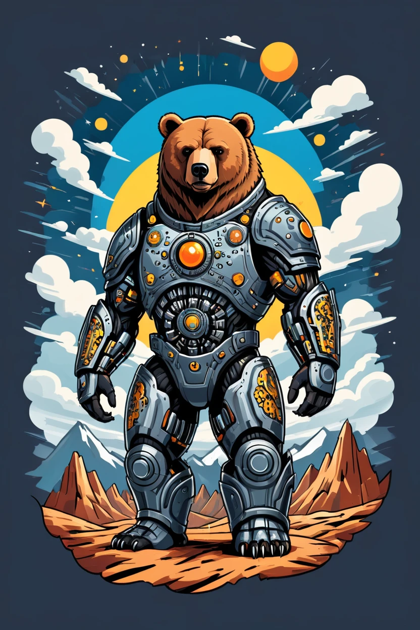 t shirt design, sticker, a cyborg bear and ferrofluid armor in a big sky in the style of thick layers of rhythms, trends on 6000px,