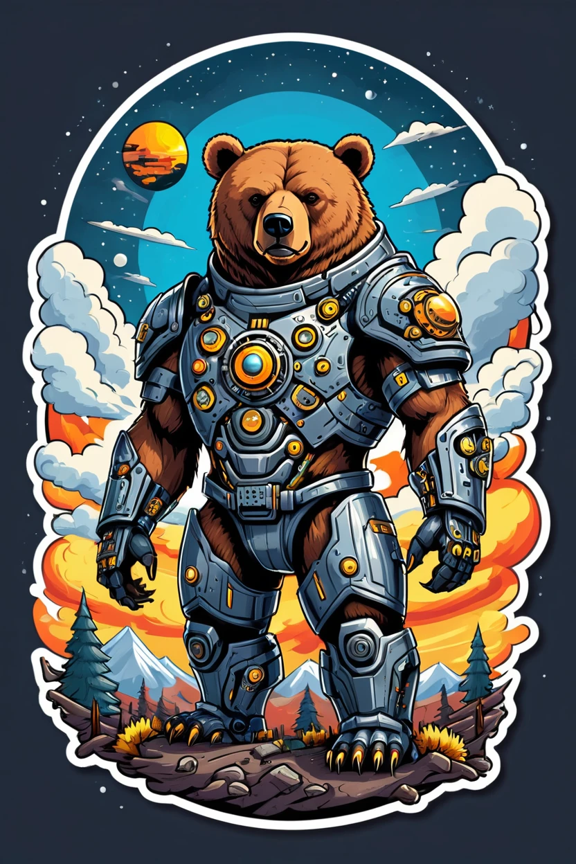 t shirt design, sticker, a cyborg bear and ferrofluid armor in a big sky in the style of thick layers of rhythms, trends on 6000px, 