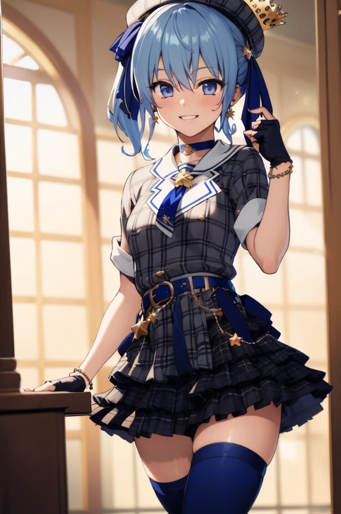 1girl, solo, detailed face,SuiseiBase, plaid beret, crown, blue star choker, star earrings, blue ascot, plaid jacket, plaid skirt, layered skirt, partially fingerless gloves, star bracelet, uneven legwear, thigh strap,,looking viewer,smile,small breasts,indoor,standing