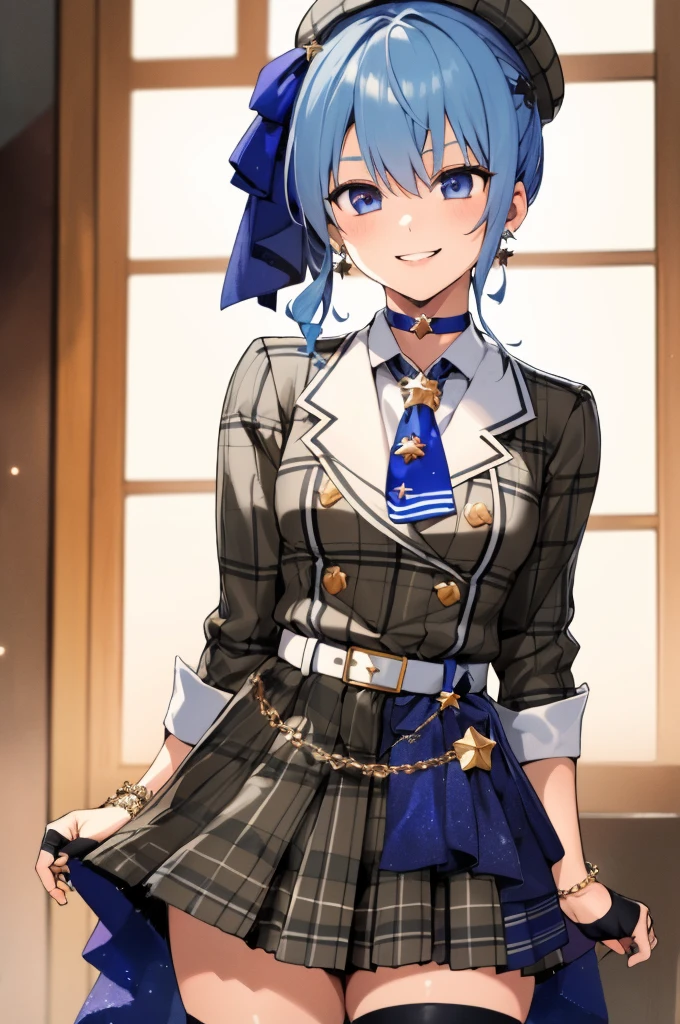 1girl, solo, detailed face,SuiseiBase, plaid beret, crown, blue star choker, star earrings, blue ascot, plaid jacket, plaid skirt, layered skirt, partially fingerless gloves, star bracelet, uneven legwear, thigh strap,,looking viewer,smile,small breasts,indoor,standing