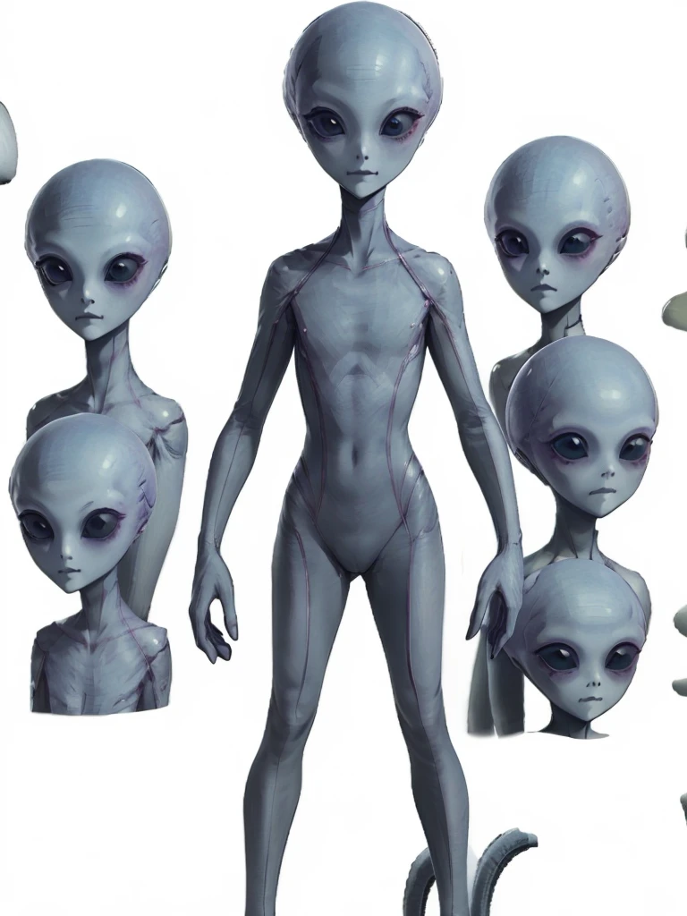 (((Masterpiece))), (high quality),(one alien girl:1.2), ,(innocent smile),(big light black eyes:1.5),5 heads,(Skinhead,Gray aliens,Large, dark, almond-shaped eyes,:1.5),(No hair, no whites, no ears:1.5),Wearing a silver body-fitting suit,Plain background,from below