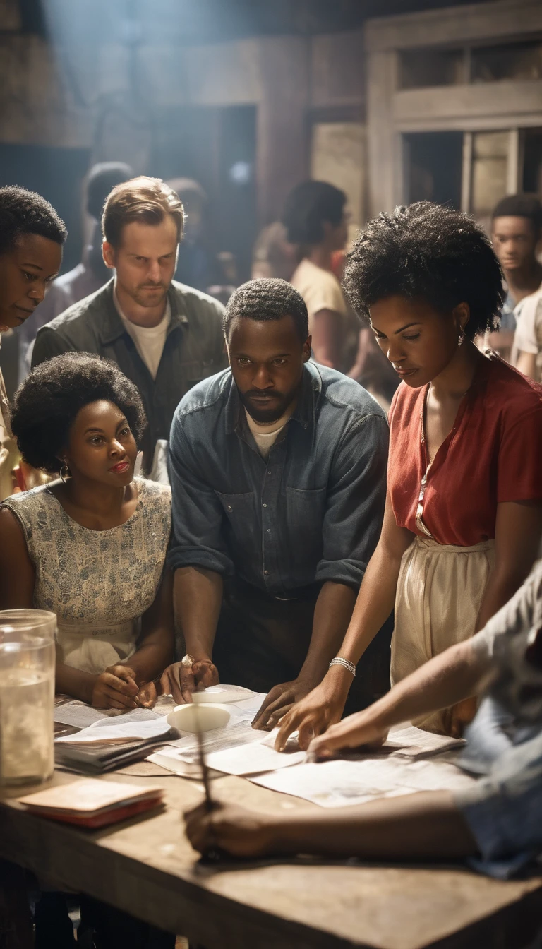 Freedom Summer volunteers registering African-American voters, background dark sun, hyper realistic, ultra detailed hyper realistic, photorealistic, Studio Lighting, reflections, dynamic pose, Cinematic, Color Grading, Photography, Shot on 50mm lens, Ultra-Wide Angle, Depth of Field, hyper-detailed, beautifully color, 8k