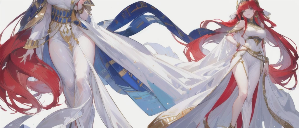 a beautiful long red-haired girl wearing an elaborate egyptian queen's costume, ((Long bangs eyes visible behind the bangs)) sexy white egyptian dress with colored striped fabric hem, beautiful slim thighs, full body view, LONG hair, blue eyes, in the style of an egyptian, white background, photorealistic, 8k, high quality, detailed, vivid colors, dramatic lighting, Wearing high gold shoes, cute face is obvious, (blank white background with no other objects) Slim body, Standing straight pose, both free hand poses (smile) The Egyptian queen's dress is perfect (a perfect long soft white shawl) with gold bracelets, (long red hair perfectly straight)