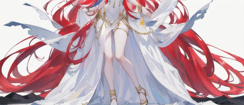 a beautiful long red-haired girl wearing an elaborate egyptian queen's costume, ((Long bangs eyes visible behind the bangs)) sexy white egyptian dress with colored striped fabric hem, beautiful slim thighs, full body view, LONG hair, blue eyes, in the style of an egyptian, white background, photorealistic, 8k, high quality, detailed, vivid colors, dramatic lighting, Wearing high gold shoes, cute face is obvious, (blank white background with no other objects) Slim body, Standing straight pose, both free hand poses (smile) The Egyptian queen's dress is perfect (a perfect long soft white shawl) with gold bracelets, (long red hair perfectly straight)
