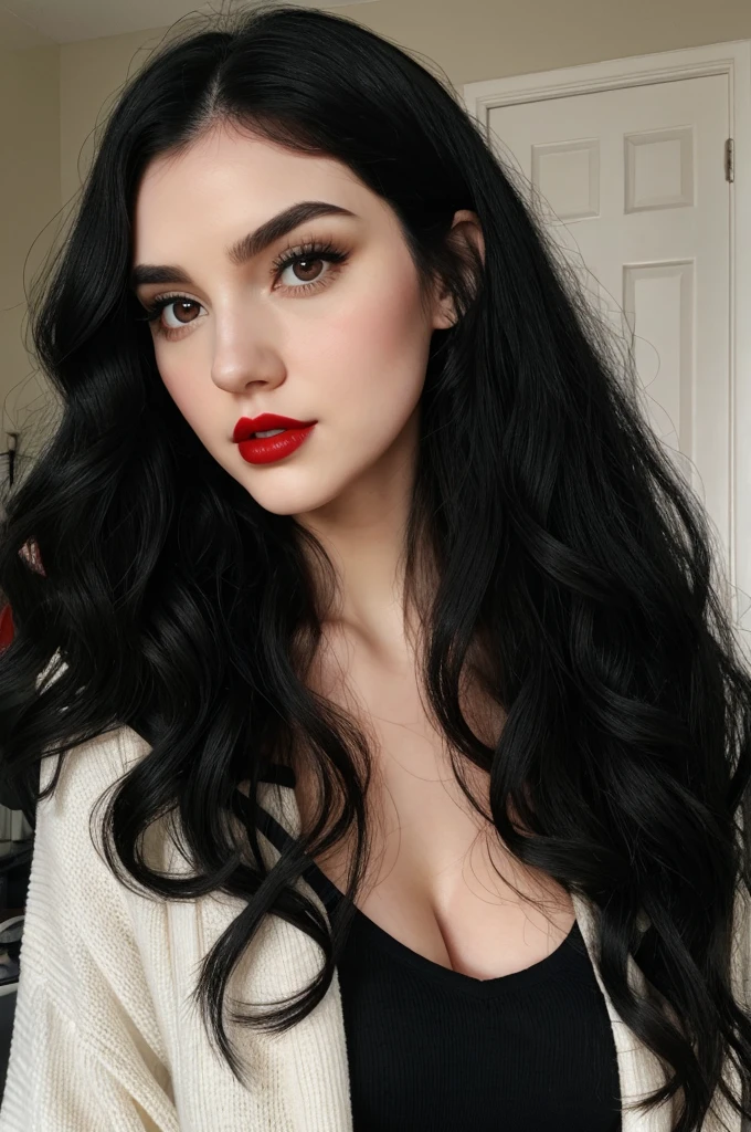 A pale girl with long black curly hair, big black eyes, a thin nose, and thick, very red lips. 