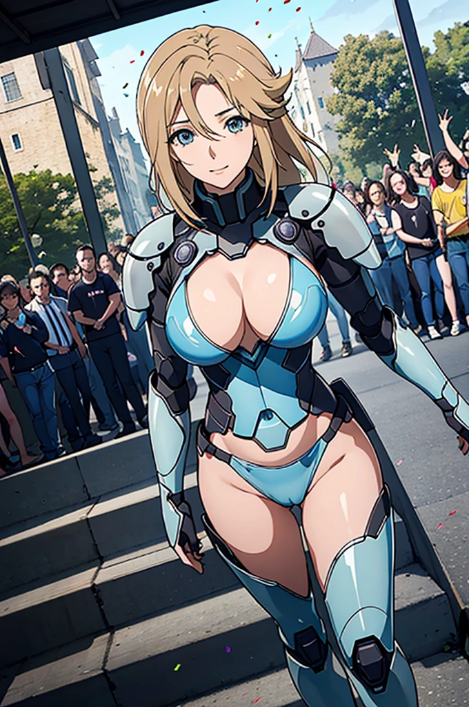 best quality, official art, masterpiece, textile shading, HDR, very detailed, colorful, best details, fantasy, battle suit, Yuki Mori:1.5, 1 female, 25 years old, best quality, official art, masterpiece, textile shading, HDR, very detailed, colorful, best details, fantasy, battle suit,1 female, 25 years old, standing on stairs, a castle town with an old castle view, sunny, random hair, big breast, skinny, Surrounded by a large crowd:1.9, Confetti flutters, Blessed, Being welcomed:1.5, cameltoe:1.3, ground level shot:,