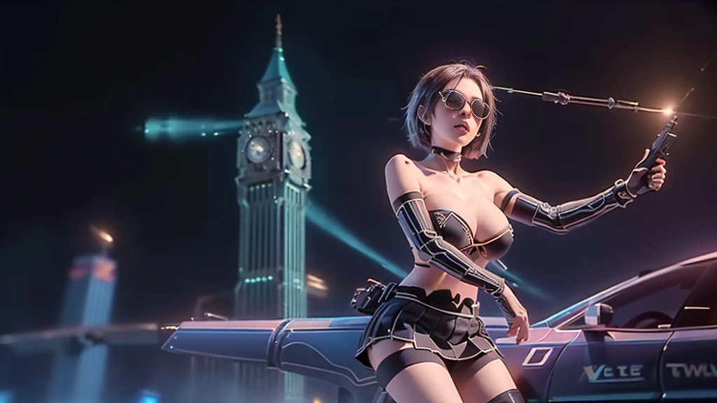 (aerial view). at night, futuristic sci-fi cyberpunk city, broad viaduct, skyscrapers at the end of the viaduct, the movie "13th Floor" style, (((((voltex-spirit-spreading giant clock tower as time machine))))), hq. Matrix style, at night, (1girl, solo), photo realistic, (large-breast:1.2 slim body, cleavage:1.3), (((tube top, extreamly short pleated (((miniskirt)))))), (((((matrix style black sunglasses))))), (((((aiming at camera with a (short:0.8 pistol)))))), (((half-body (thigh level) medium shot))), (cinematic lighting).
