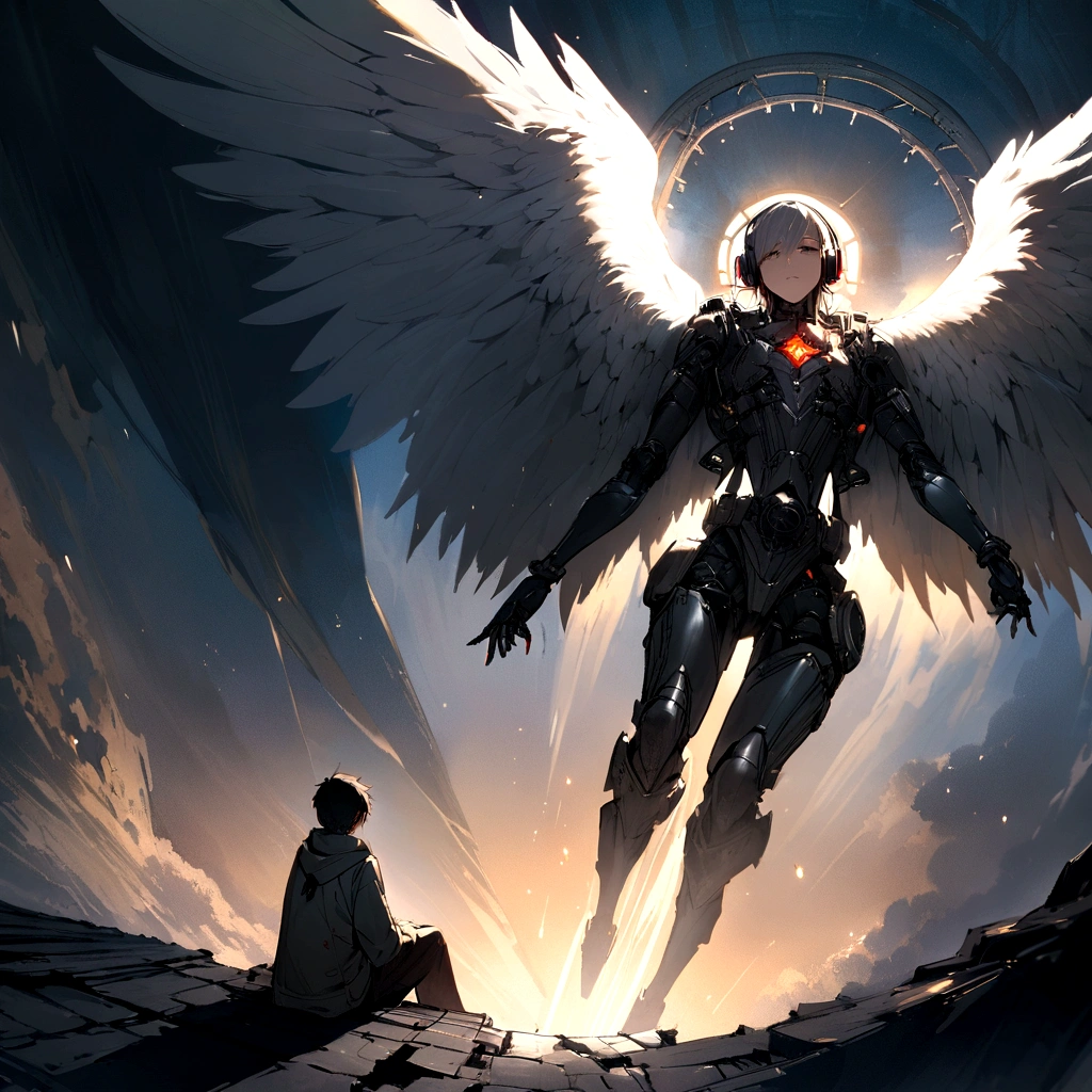 oil, Coming down from the sky, A breathtaking masterpiece, Vivid,  Angel wings are made of iron gears、An angel is giving headphones to a boy、boy sitting、