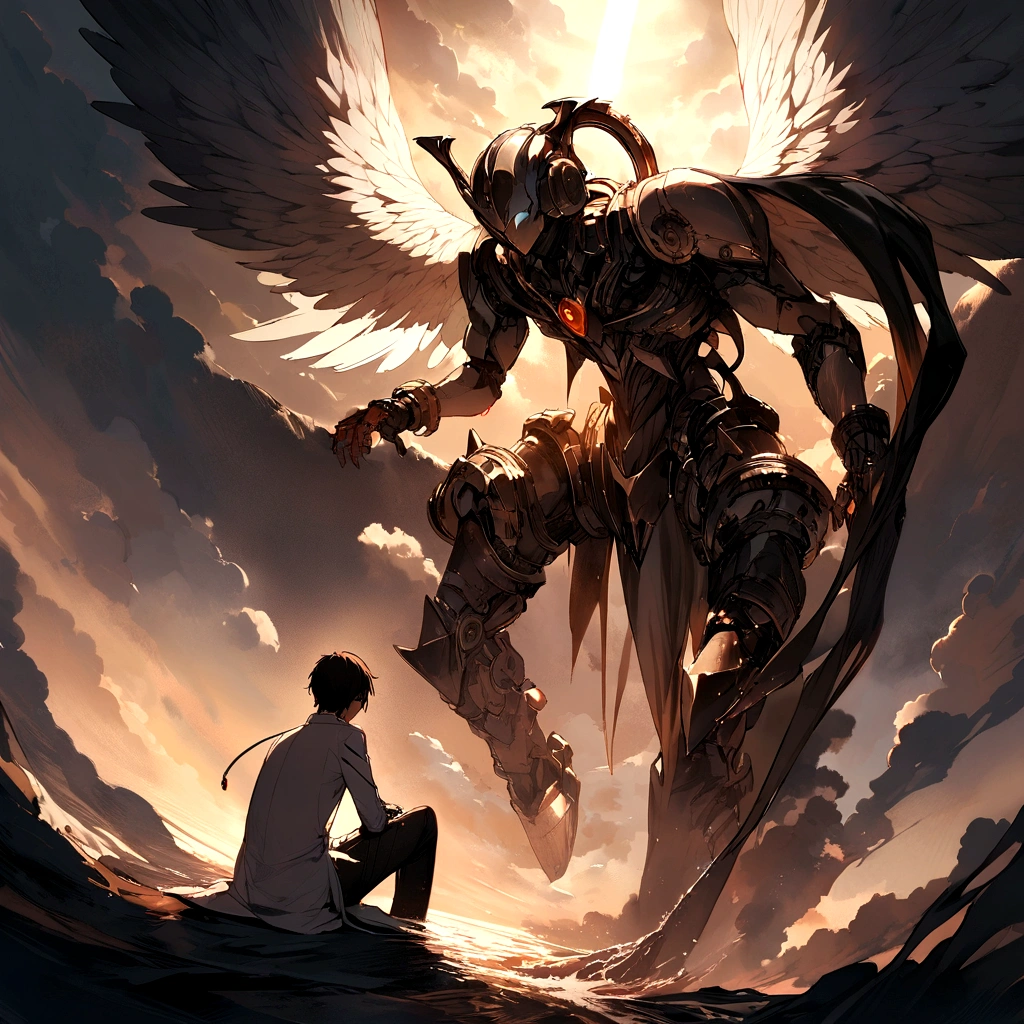 oil, Coming down from the sky, A breathtaking masterpiece, Vivid, Angel wings are made of iron gears、An angel is giving headphones to a boy、boy sitting、