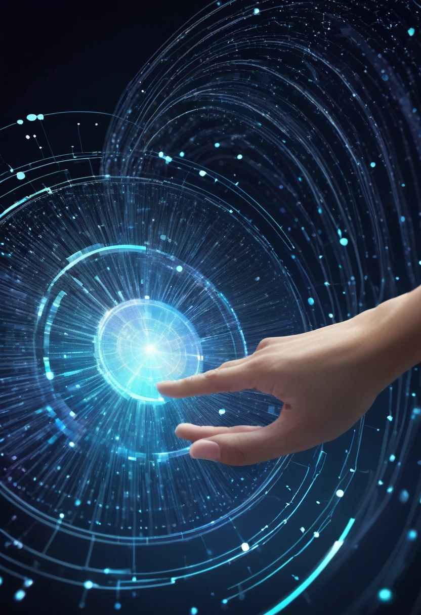 Hand touching a spinning data flow, data flow processing visualization background