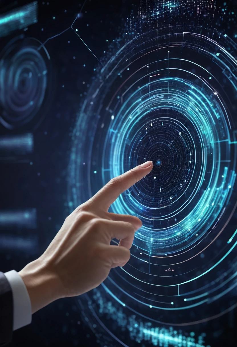 Hand touching a spinning data flow, data flow processing visualization background