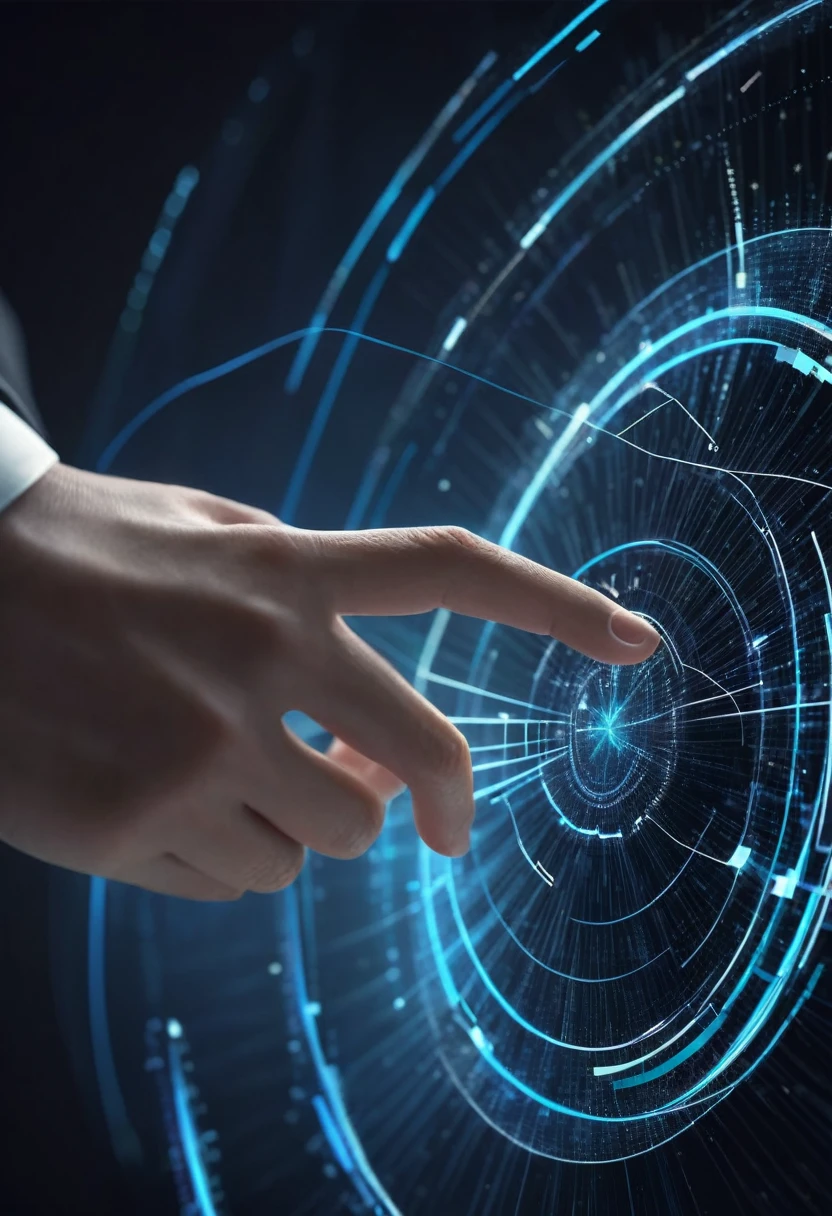 Hand touching a spinning data flow, data flow processing visualization background