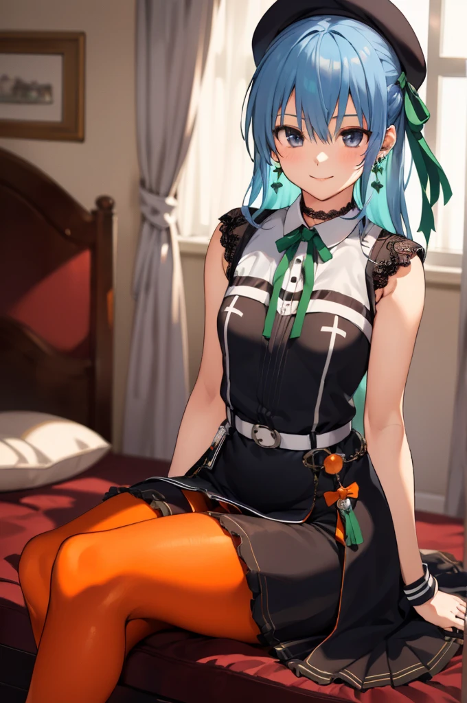 1girl, solo, detailed face,SuiseiStreet, long hair, half updo, black beret, black dress, collared dress, sleeveless, bow earrings, lace choker, neck ribbon, black belt, (((orange pantyhose))), o-ring thigh strap, single garter strap,,looking viewer,smile,small breasts,my room,sitting