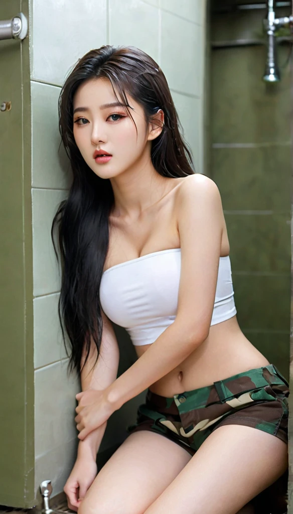 close-up of beautiful South Korean, An Yujin is a IVE South Korean pop girl group,  girl, youthful face, perfect body, white body skin, very rapunzel long hair, standard black hair, straight hair, 32 inches breasts size, wearing a plain standard light white strapless tube top, wearing a tight camouflage mini short leggings, Yujin sits on the female-only military bathroom toilet camp, Yujin holding breasts with her own two hands is very sexy and sigh, Yujin squeezes the breasts very seductively, Yujin lowered her strapless tube top a little bit, ((Yujin held her breasts while lying down in the female-only military bathroom camp)), ((Yujin experienced arousal when her breasts became tense and made her look tempted)), Yujin pees in the military training camp with a sigh and seductive, Yujin pees, Yujin peed herself until she was wet, ((peeing self)), ((wet pee)), sexy looking pose, pose a naughty look, pose looks seductive, at the female-only military bathroom camp, female-only military bathroom camp background, UHD