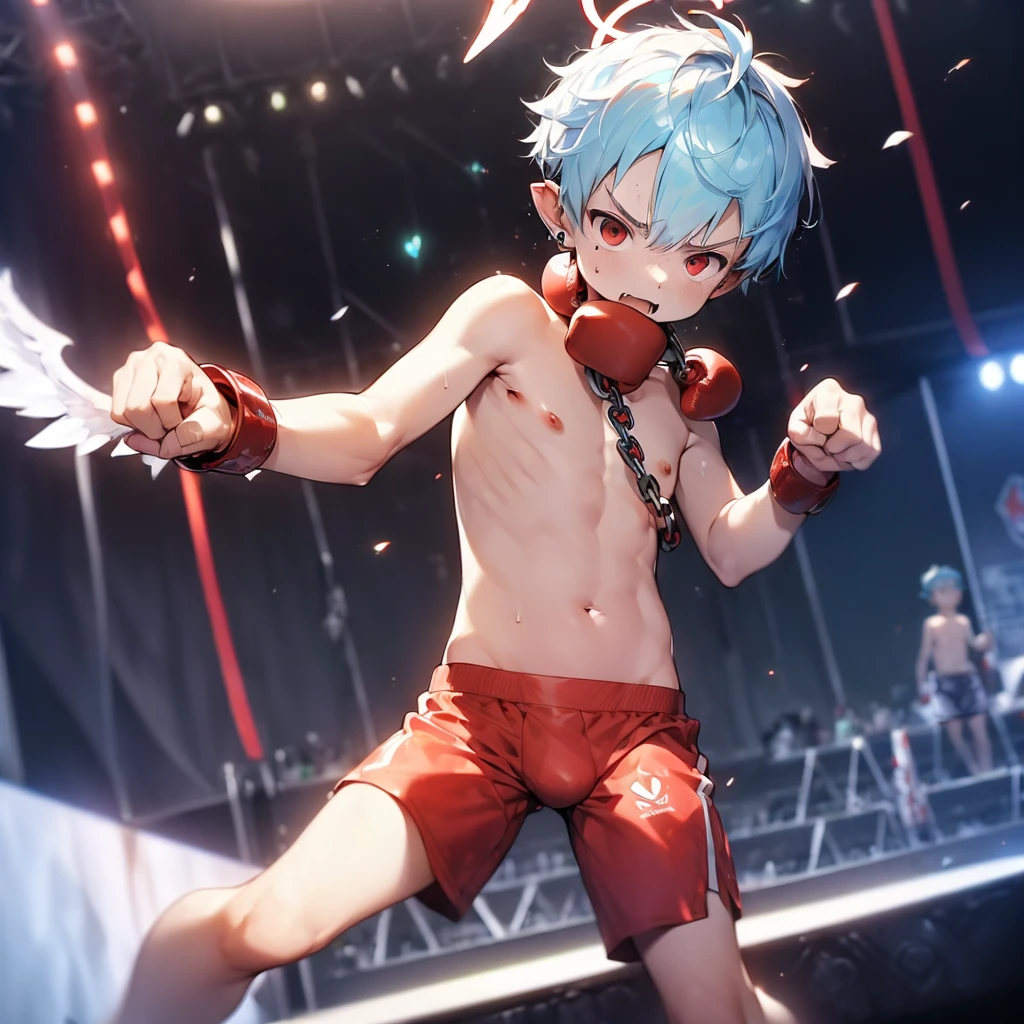 (solo:2), (boldline:-1.7), (brave:1.5), (fighting pose:1.8), (arched back:1.1), (twin angel wings on his back:1.6), (halo on his head:1.3), (standing on stage:1.5), BREAK (red boxing groves:1.8), (((fang))), (((best finger))), (((best arms))), (((best legs))), BREAK (best quality:1.5), (absolutely resolution:1.4), (ultra detailed:1.5), (masterpiece:1.5), (perfect face), (detailed face), (detailed eyes), (best eyes), (cute face), (shota:2), BREAK (topless:2), BREAK (red boxing pants:1.5), (bulge:1.6), (skinny:1.3), BREAK (light blue hair:1.5), (spiked hair), (wine red eyes:1.4), (eyes with highlight:1.6), ((mole under eye)), (sweaty skin), (singing:1.4), ((earrings)), (angry:1.5), (shiny skin:1.3), BREAK (stadium:1.5), (spot light), ((wind blowing)), ((nipple)), (abs), (groin), (chain around neck:1.5), (shackles:1.6), (from above), upper body, (face close up),