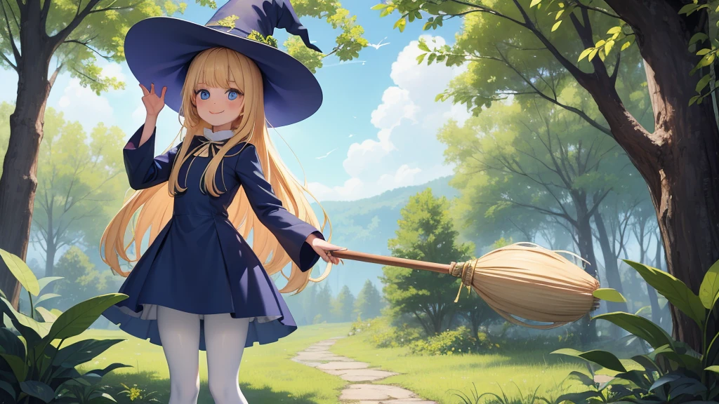 Perfect Biology、masterpiece, taller than,Very detailed, Absurd, witch, 8-year-old, girl,  alone, Blonde, Long Hair,  blue eyes, Blue Boots, Long sleeve,Have,in the forest, smile,White Pantyhose, Fly through the sky on a broom