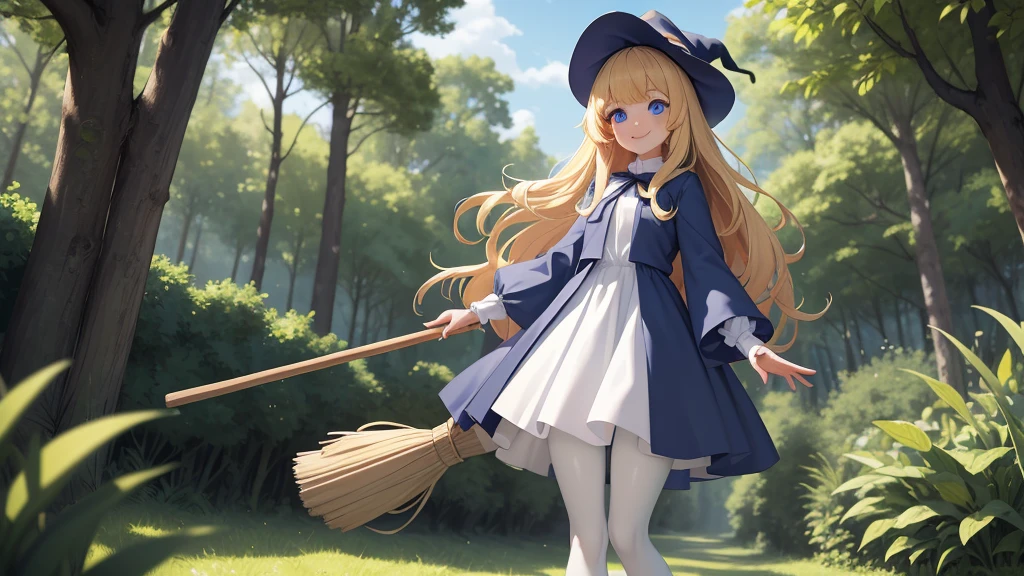 Perfect Biology、masterpiece, taller than,Very detailed, Absurd, witch, 8--old,rl,  alone, Blonde, Long Hair,  blue eyes, Blue Boots, Long sleeve,Have,in the forest, smile,White Pantyhose, Fly through the sky on a broom