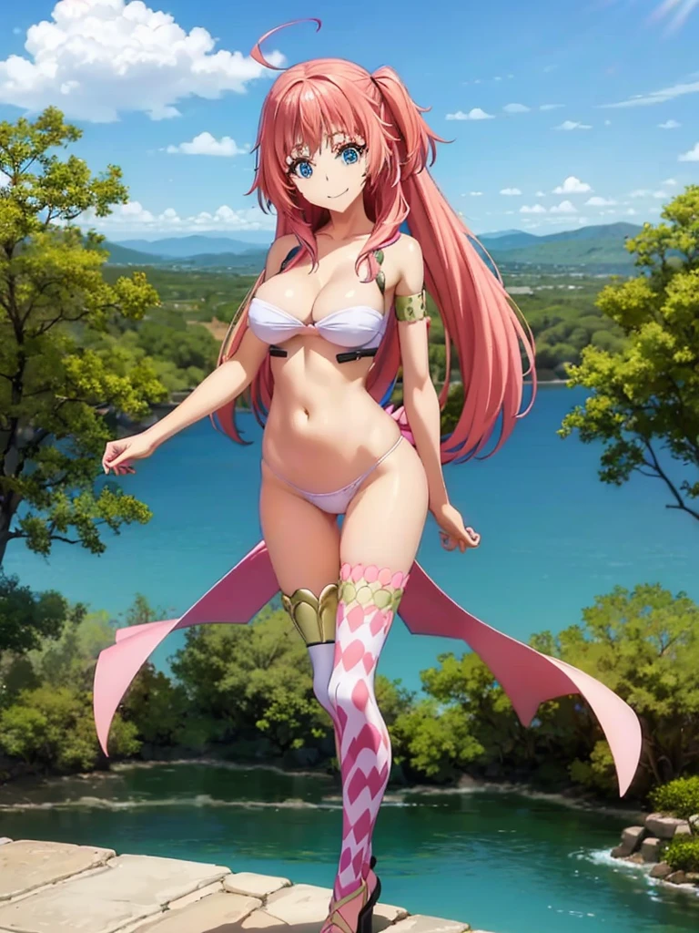 1girl, solo, beautiful girl, brunette skin, blue eyes, big eyes, detailed eyes, long eyelashes, pink hair, long hair, sidelocks, twintails, head tilt, fang, medium breasts, white bikini, string bikini, asymmetrical legwear, pink legwear, pink thighhigh, no pants, smile, looking at viewer, narrow waist, perfect hands, perfect anatomy, cleavage, midriff, navel, bare shoulders, bare arms, outdoors, flying, floating, blue sky, clouds, ultra detailed eyes, anime style, breasts together, knees together, legs up,