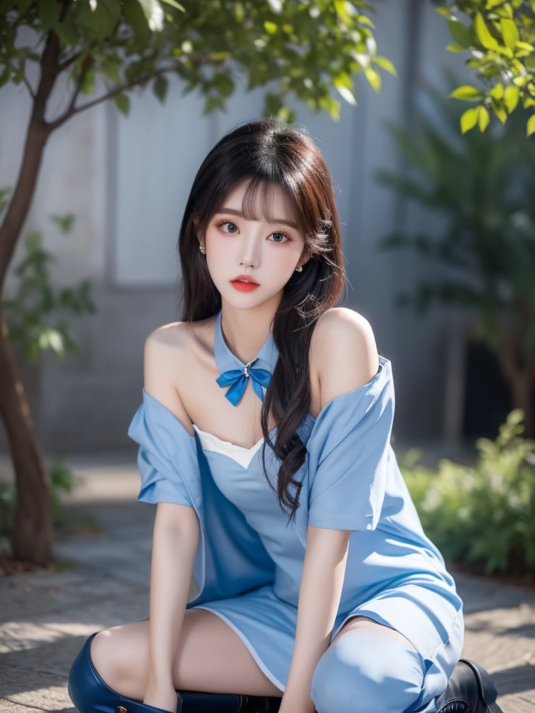 Beautiful woman wearing a blue Wearing uniform korea style clothes mini dress with decorations on the shirt and visible shoulders and wearing boots and being photographed with a background And you are in a wonderland world,Korean style swag, beautiful face so gorgeous, Beautiful eyes, y2k style,