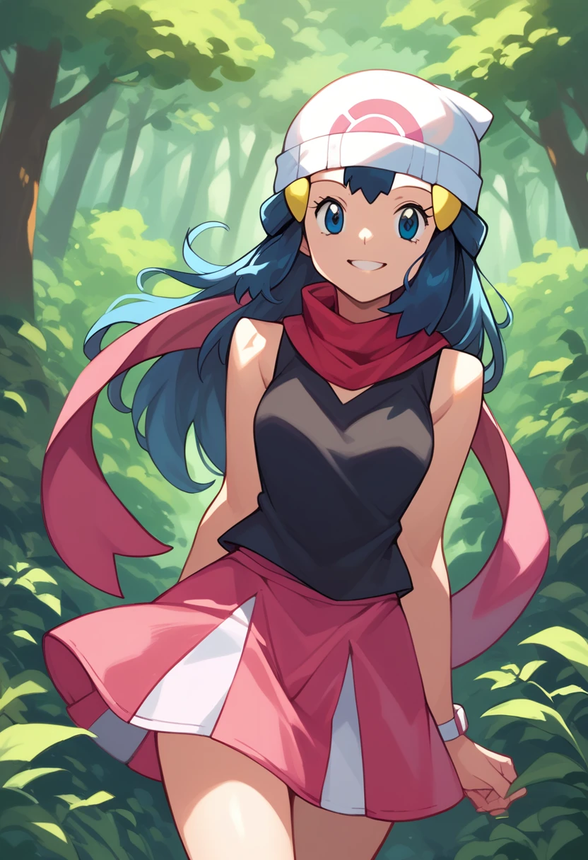 masterpiece, best quality, 1girl, dawn \(pokemon\), beanie, long hair, blue hair, blue eyes, black sleeveless shirt, pink scarf, pink skirt, pink boots, smile, looking at viewer, forest background