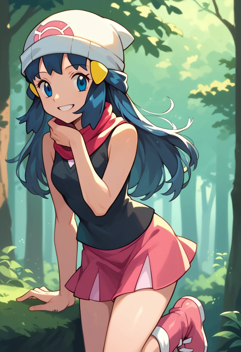 masterpiece, best quality, 1girl, dawn \(pokemon\), beanie, long hair, blue hair, blue eyes, black sleeveless shirt, pink scarf, pink skirt, pink boots, smile, looking at viewer, forest background