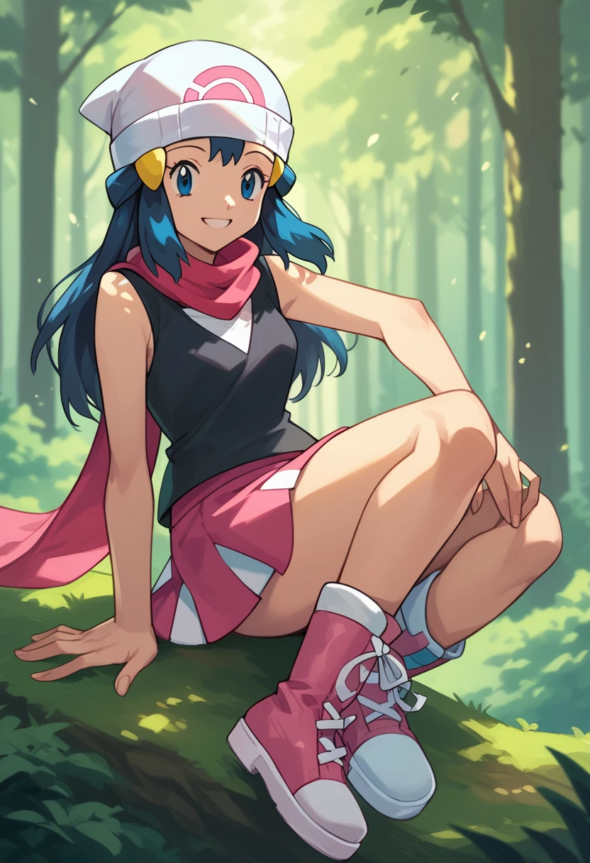 masterpiece, best quality, 1girl, dawn \(pokemon\), beanie, long hair, blue hair, blue eyes, black sleeveless shirt, pink scarf, pink skirt, pink boots, smile, looking at viewer, forest background