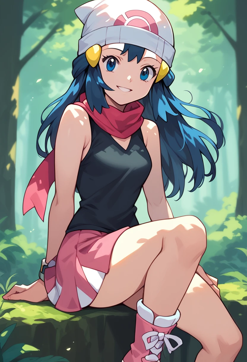 masterpiece, best quality, 1girl, dawn \(pokemon\), beanie, long hair, blue hair, blue eyes, black sleeveless shirt, pink scarf, pink skirt, pink boots, smile, looking at viewer, forest background