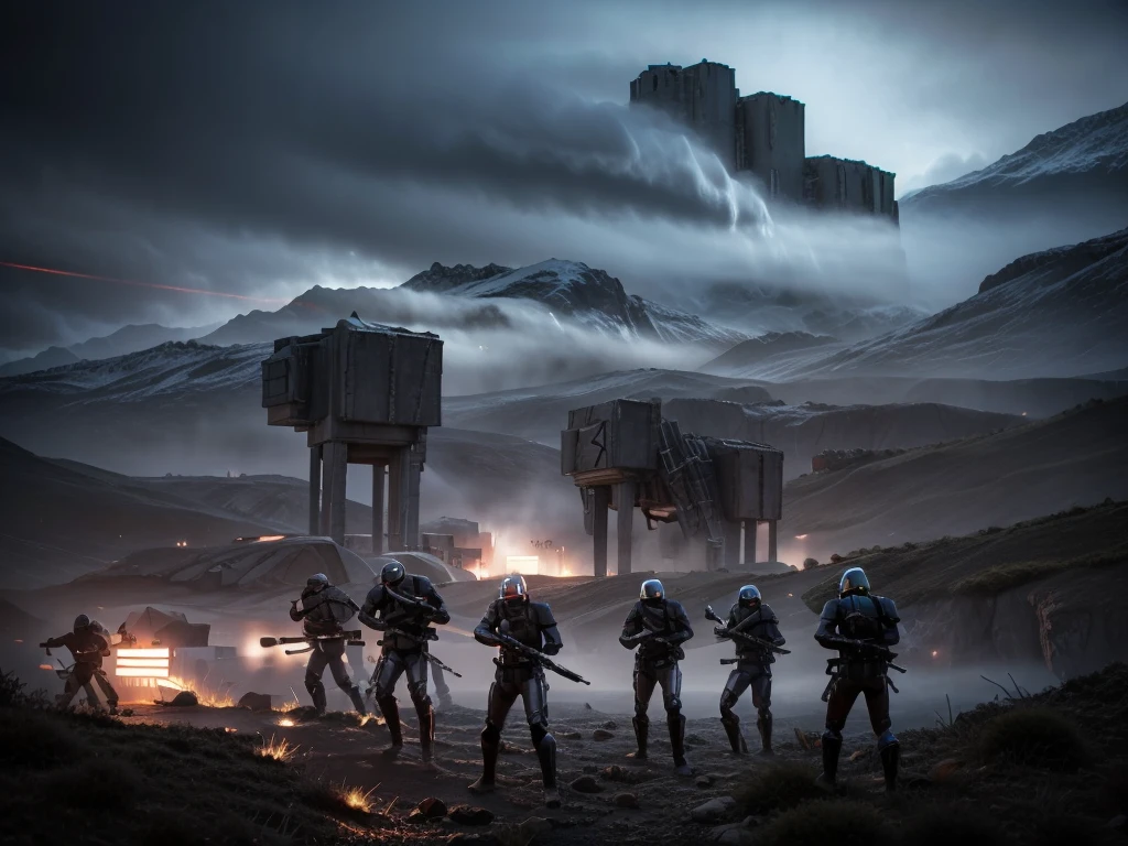 a futuristic battle scene, a squadron of sleek high-tech infantry, advanced military technology, futuristic weapons, metallic armor, dramatic lighting, post-apocalyptic landscape, glowing energy fields, cinematic composition, dynamic poses, moody color palette, volumetric fog, mechanical cyberpunk elements, intricate details, photorealistic rendering, cinematic camera angles, masterpiece, 8k, best quality, ultra-detailed