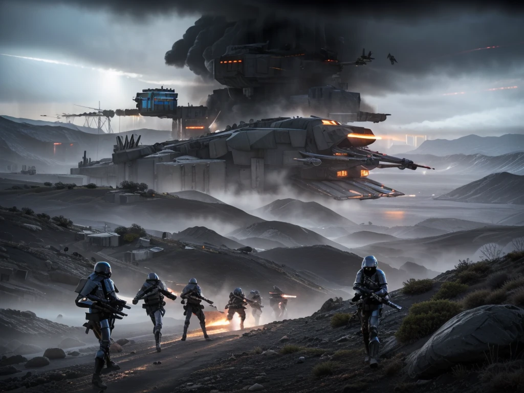 a futuristic battle scene, a squadron of sleek high-tech infantry, advanced military technology, futuristic weapons, metallic armor, dramatic lighting, post-apocalyptic landscape, glowing energy fields, cinematic composition, dynamic poses, moody color palette, volumetric fog, mechanical cyberpunk elements, intricate details, photorealistic rendering, cinematic camera angles, masterpiece, 8k, best quality, ultra-detailed