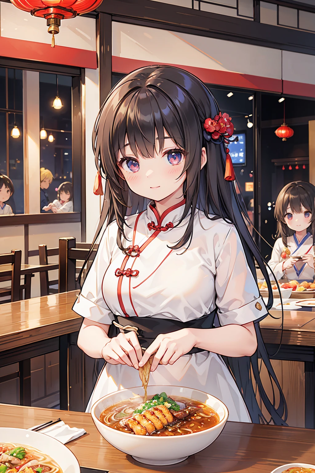 Photorealistic、Highest quality、Highest Resolution、Highest quality、８Ｋ、1人のBeautiful woman、Beautiful woman、Beautiful Woman、Cute girl、With family、With family、Chinese restaurant、ramen、ramenを食べる、