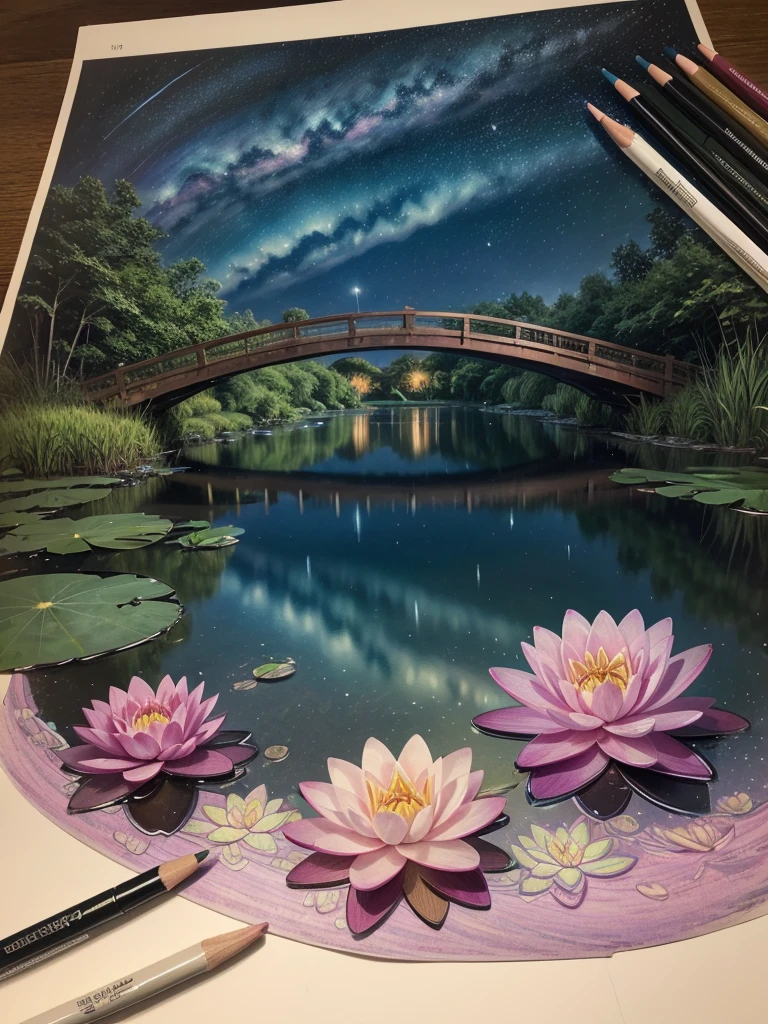 Colorful line drawing night tranquil starry sky and lake water, water lily, bridge, highly realistic and detailed painting, crayons, colored pencils