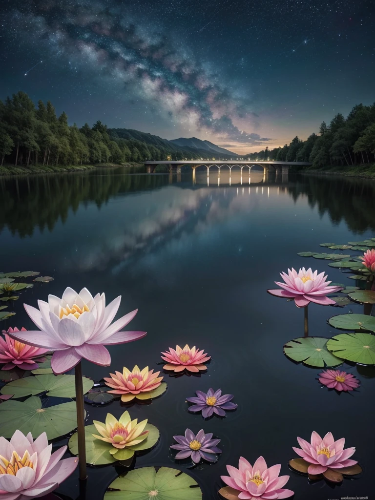 Colorful line drawing night tranquil starry sky and lake water, water lily, bridge, highly realistic and detailed painting, crayons, colored pencils