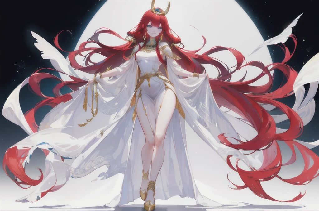 a beautiful long red-haired girl wearing an elaborate egyptian queen's costume, ((Long bangs eyes visible behind the bangs)) sexy white egyptian dress with colored striped fabric hem, beautiful slim thighs, full body view, LONG hair, blue eyes, in the style of an egyptian, white background, photorealistic, 8k, high quality, detailed, vivid colors, dramatic lighting, Wearing high gold shoes, cute face is obvious, (blank white background with no other objects) Slim body, Standing straight pose, both free hand poses (smile) The Egyptian queen's dress is perfect (a perfect long soft white shawl) with gold bracelets, (long red hair perfectly straight)