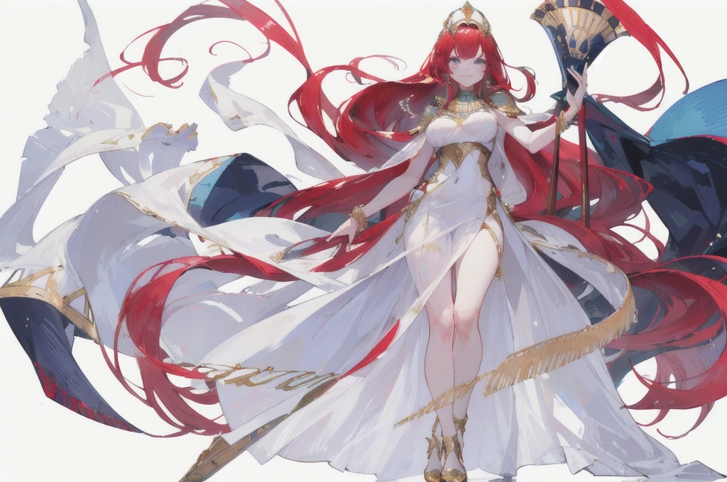a beautiful long red-haired girl wearing an elaborate egyptian queen's costume, ((Long bangs eyes visible behind the bangs)) sexy white egyptian dress with colored striped fabric hem, beautiful slim thighs, full body view, LONG hair, blue eyes, in the style of an egyptian, white background, photorealistic, 8k, high quality, detailed, vivid colors, dramatic lighting, Wearing high gold shoes, cute face is obvious, (blank white background with no other objects) Slim body, Standing straight pose, both free hand poses (smile) The Egyptian queen's dress is perfect (a perfect long soft white shawl) with gold bracelets, (long red hair perfectly straight)